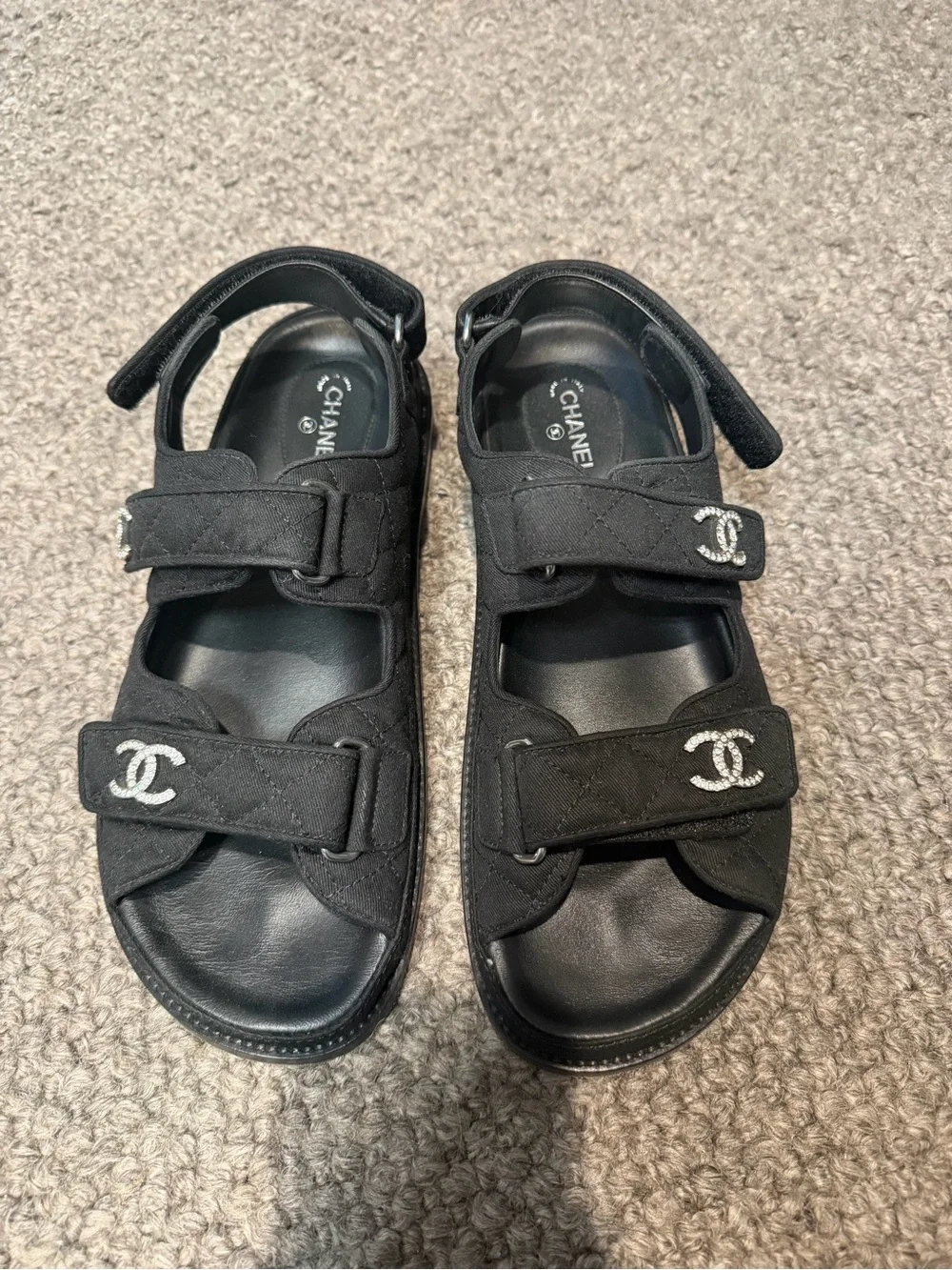 CHANEL Black Quilted Logo Velcro Womens Sandals - Picture 1 of 3